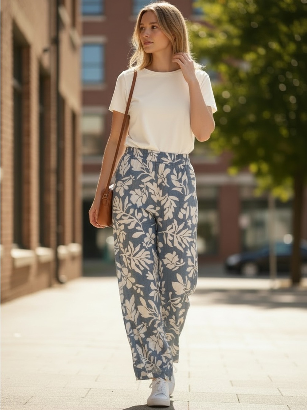 Wide-Leg Floral Print Pants in Blue and White - Picture 3 of 7